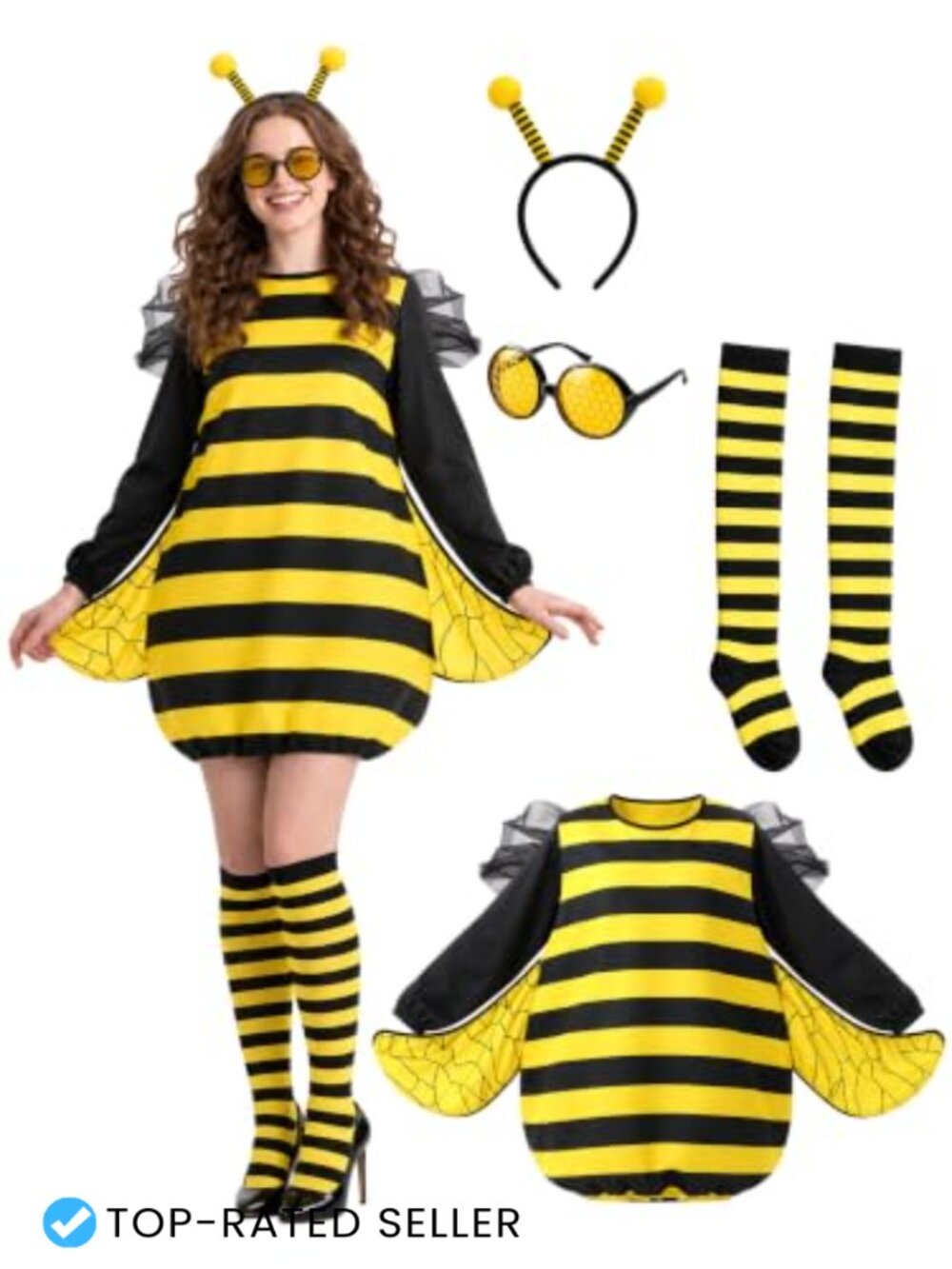 4 Pc Bumble Bee Costume Set Dress Wings Headband Socks Halloween Cosplay